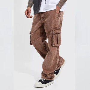 Pantalon cargo en velours côtelé délavé pour homme, marron, coupe décontractée, jambe large, style vintage streetwear, multi-poches, décontracté - Product Image 1