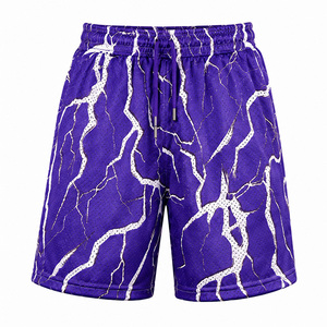 Pantalones cortos de baloncesto de malla para hombre, pantalones cortos deportivos con estampado de rayos morados y cintura elástica, ropa informal para calle, pantalones cortos de gimnasio para entrenamiento - Product Image 1