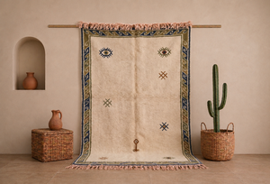 Tapis berbère marocain fait main en laine, noué à la main, minimaliste, style Beni Ourain, avec bordure tribale - Product Image 1