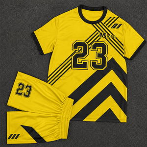 Conjunto de Camiseta de Fútbol Personalizada, 100% Poliéster, Secado Rápido, Unisex, Amarillo y Negro, Cuello en V, Manga Corta, Cintura Elástica, 220g, Nombre del Jugador Impreso - Product Image 2