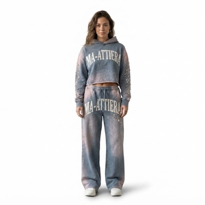Custom Women Acid Wash Blue Gray <b>Cropped</b> Hoodie Wide Leg <b>Jogger</b> Set Cotton Fleece Rhinestone Tracksuit OEM Wholesale - Product Image 1