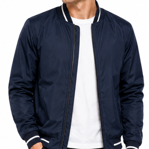Classic Men's Navy Blue Bomber <b>Jacket</b> White Striped Ribbed Collar Cuff Hem Casual <b>Zip</b> <b>Up</b> <b>jacket</b> - Product Image 2