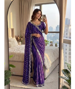 Sari indien tendance en satin de soie avec broderies de motifs et de sequins, idéal pour les mariages et les occasions spéciales. - Product Image 1