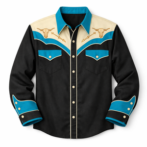 Camisa Vaquera Occidental Unisex de Manga Larga con Botones, Bordada, Estilo Rodeo, Vintage, Casual, Corte Ajustado, Ribete en Contraste, Personalizada OEM - Product Image 1