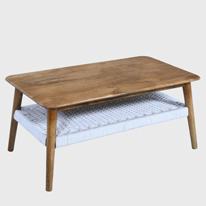 Mesa de Centro Moderna de Madera Maciza de Mango con Estante de Almacenamiento Tejido en Acabado Natural para Sala de Estar - Product Image 2