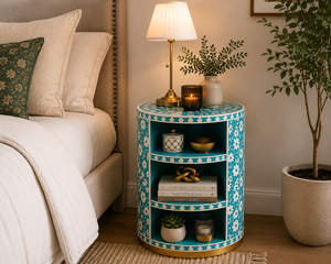 Floral Design Resin Bone Inlay Nightstand With Shelf Luxury Cabinet <b>Bedside</b> End <b>Table</b> For Bedroom Hotel Premium Home Interior - Product Image 2