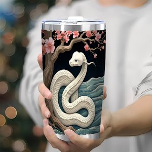 Vaso de Acero Inoxidable de 20 oz, Taza de Viaje de Doble Pared Aislada con Diseño de Flor de Cerezo y Serpiente - Product Image 3