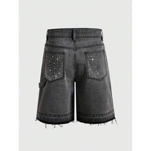 Pantalones Cortos de Mezclilla Negros para Hombre con Pedrería, Degradado Brillante, Desgastados, Estilo Urbano, Venta al por Mayor - Product Image 3
