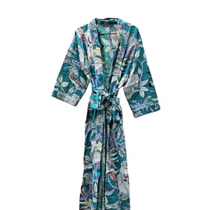 Peignoir Kimono en Voile de Coton 100% Élégant Femme Vert Imprimé Floral Décontracté Eté Vêtements de Plage Beige Taille Élastique Thermique Lisse - Product Image 1
