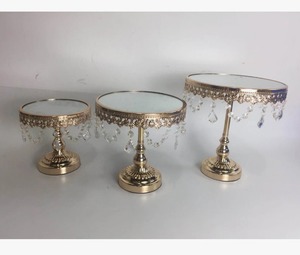 Elegant Gold <b>Cake</b> <b>Stand</b> Set 3 Piece Round Metal With Crystal Beads Handmade Display <b>Stand</b> - Product Image 6