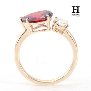 Luxury 2CT Red Pear Cut Lab Grown Diamond Engagement <b>Ring</b> 14K Yellow Gold <b>Two</b> <b>Stone</b> Toi et Moi <b>Ring</b> with Round Brilliant Accent - Product Image 5