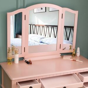 "Oak <b>Makeup</b> Vanity Table with 3 Square <b>Mirror</b> Drawers & Roman Column Design" - Product Image 2