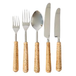 Ensemble de couverts écologiques en acier inoxydable avec manche en bambou tressé, vaisselle occidentale, couteau, fourchette, cuillère, vente en gros - Product Image 1
