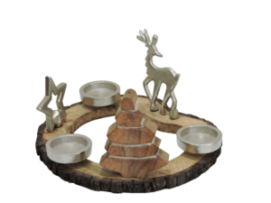 Portavelas Decorativo de Reno Plateado y Árbol de Madera con Base de Madera con Borde Natural, Centro de Mesa Navideño - Product Image 3