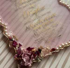 Tarjeta de Invitación de Lujo en Acrílico Rosa para Boda/Cumpleaños/Navidad, Borde de Perlas, Flores Secas, Ecológica, Moderna, Personalizada, Impresión UV - Product Image 5
