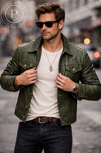 Veste en cuir d'agneau vert vintage pour homme, style motard, douce, toutes saisons - Product Image 1