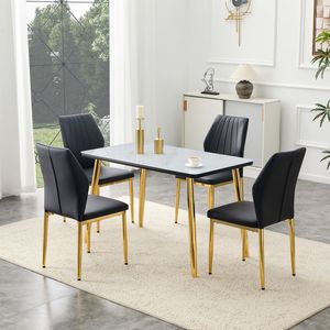 Set Tavolo e Sedie Bianco Effetto Marmo per Ristoranti, Piano in Vetro, Base in MDF, Gambe Affusolate in Metallo Dorato, Set da 4 Pezzi - Product Image 3
