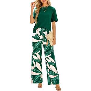Ladies Summer Casual Daily Wear 2-Piece <b>Set</b> 2025 Short-Sleeved <b>Knit</b> Shirt Floral Print Belt Wide-Leg Pants Breathable Loose Fit - Product Image 4