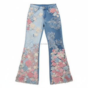 Jeans évasés taille haute à sequins floraux en maille respirante, personnalisables OEM, vente en gros - Product Image 3