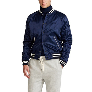 Men's Navy Varsity Jacket <b>Turn</b>-down Collar Regular Fit Solid Color Button Closure Autumn Wear - Product Image 4