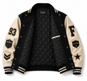 <b>Men's</b> Varsity <b>Jacket</b> with Black body Cream <b>Leather</b> sleeves Embroidered Patch Design Preppy Style Autumn Wear Varsity <b>Jacket</b> - Product Image 1