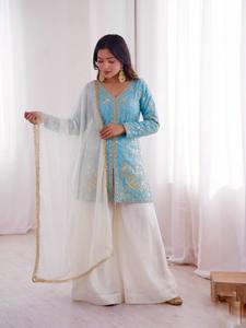 Conjunto de Kurti de Seda de Diseñador Fendi con Bordado de Lentejuelas, Palazzo y Elegante Dupatta – Ropa Étnica Festiva - Product Image 4