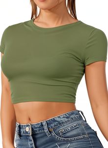 เสื้อครอปแขนสั้นสำหรับผู้หญิง ผ้าสแปนเด็กซ์ผสม ทรงเข้ารูป แฟชั่นสำหรับใส่เที่ยวกลางคืน - Product Image 4