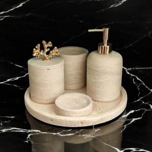 Most Selling Marble Bathroom Set 4-Piece Round Minimalist Soap Dispenser <b>Toothbrush</b> <b>Holder</b> Tray Easy To Clean - Product Image 1