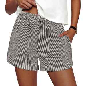 Women's High Waisted Striped Cotton Shorts <b>Elastic</b> Waist Loose Fit Casual Summer Shorts - Product Image 1