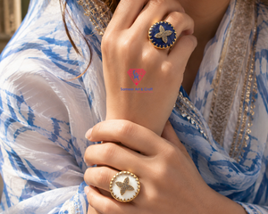 18K Gold Plated <b>Lapis</b> <b>Lazuli</b> & White Agate Adjustable Statement <b>Ring</b> | CZ Floral Designer Jewelry Cocktail <b>Ring</b> - Product Image 6