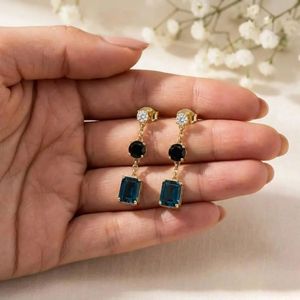 London Blue Topaz <b>Black</b> Obsidian Drop Earrings Rectangle & Round Cut CZ Accent Minimalist Stud Dangle Gift For Her Jewelry - Product Image 5