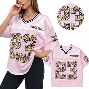Camiseta de Fútbol Americano al por Mayor para Mujer, Estampado de Leopardo, Personalizada, de Malla de Poliéster Transpirable, Cuello en V - Product Image 1