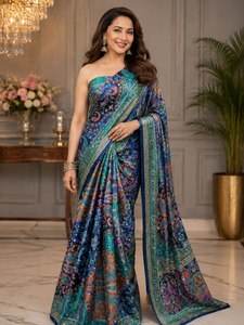 Designer Printed 100% Cotton Embroidery <b>Gold</b> Zari & Real Hand Mirror Diamond Work Chinon Saree Formal <b>Blouse</b> - Product Image 2