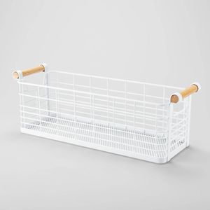 Panier rectangulaire en fil blanc avec poignées en bois naturel, élégant et pratique, accessoire pour la maison ou le bureau - Product Image 1