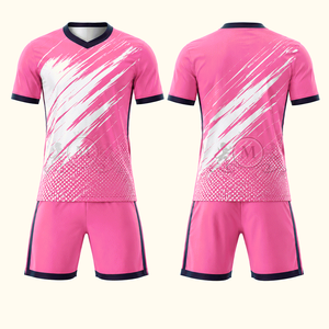 Ensemble de maillot de football rose pour homme, col en V, manches courtes, imprimé géométrique sublimé, évacuation de l'humidité, vêtements toutes saisons - Product Image 1