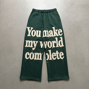 Vintage Distressed Fleece Streetwear Sweat <b>Pants</b> Embroidery <b>Men</b> Winter Wear Drawstring Waist Baggy Wide Leg <b>Pants</b> - Product Image 1