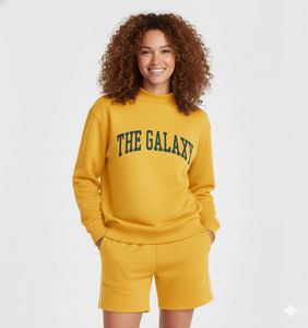 Womens Yellow Solid "THE GALAXY" Text Print Mock Neck Oversized <b>Sweatshirt</b> and Shorts Set <b>Long</b> Sleeve Casual Streetwear - Product Image 1