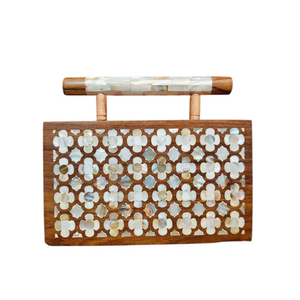 Luxury Wooden Clutch <b>Handbag</b> with Mother of <b>Pearl</b> Floral Inlay Top Handle Designer Evening Party Wedding Bag - Product Image 1