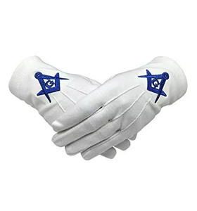 2 Pair Masonic <b>Gloves</b> White Embroidered Square And Compass Logo Cotton <b>Gloves</b> Fabric <b>type</b> 100 % Cotton - Product Image 1