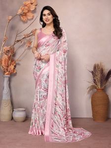 NUEVO SAREE DE SEDA ESTAMPADO CON MOTIVO DE MUSGO BRILLANTE PARA FIESTAS, CON BLUSA SIN COSTURAS, COLOR ROSA BEBÉ 74323 - Product Image 1