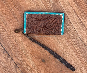 Nuevos embragues de mujer de estilo occidental de cuero labrado hechos a mano Real, superventas, tamaño compacto, cuero labrado turquesa, embragues elegantes - Product Image 4