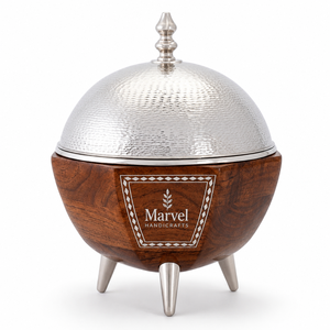 Luxury Wooden Insulated Casserole with Hammered Stainless Steel Lid | Premium Hot <b>Food</b> <b>Server</b> Elegant Kitchen Dining Storage - Product Image 1