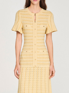 Vestido casual francés de alta resistencia con cuello redondo, mangas abullonadas brillantes y diseño hueco de diamantes. - Product Image 2