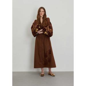 Women Brown Cotton Maxi <b>Dress</b> Embroidered Balloon Sleeve Tie Waist <b>Boho</b> Long <b>Dress</b> - Product Image 1