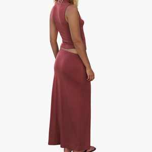 Women's <b>Full</b> Long <b>Skirt</b> Solid Color Knitted 2 Piece Set Sleeveless Turtleneck Crop Top Spandex Polyester Sexy Women <b>Maxi</b> <b>Skirts</b> - Product Image 2