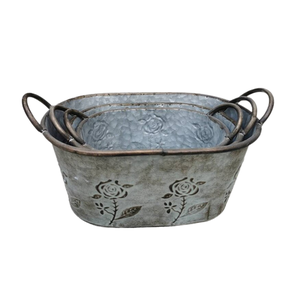 Maceta galvanizada con diseño de flores en relieve, maceta decorativa de Metal, hierro galvanizado, cubo, Asa de cuerda - Product Image 3