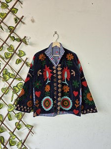 Bohemian Navy Blue <b>Velvet</b> Suzani Embroidered <b>Jacket</b> with Soft Floral Pattern Full Sleeve Stand Collar <b>Women's</b> Winter Outerwear - Product Image 3