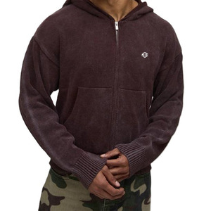 เสื้อฮู้ดซิปผ้าฝ้ายฟลีซหนานุ่ม สีเบอร์กันดีฟอกสี ทรงโอเวอร์ไซส์ สไตล์สตรีทแวร์ มีเชือกผูก ซิปยาวเต็มตัว รับทำโลโก้ตามสั่ง บริการจัดหาสินค้าเครื่องแต่งกาย - Product Image 3