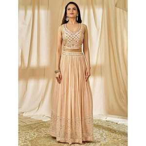 Fabuloso Peach Georgette Recepción Desgaste Lehenga Choli Hilo Bordado para Bodas - Product Image 4
