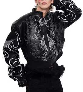 Chaqueta Bomber Impermeable de Cuero PU para Hombre, Corte Ajustado, con Patrón Bordado, Cuello Alto, Cierre de Cremallera, Estilo Urbano, Abrigo de Otoño con Forro de Piel - Product Image 1